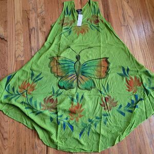 Green Butterfly Print Boho Dress Made In India - Free Size